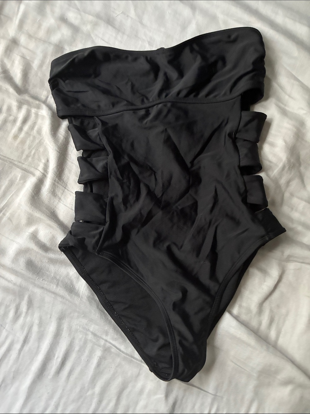 Strapless Black One-Piece Swimsuit with Side Cutouts